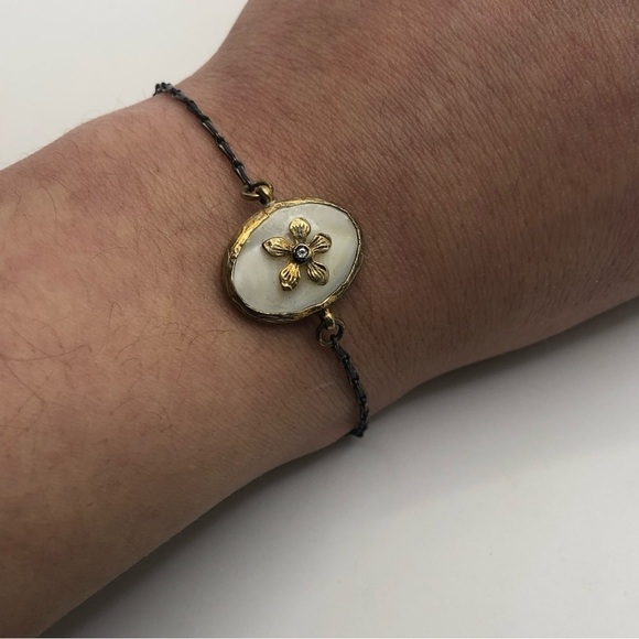 Vtg Sterling & Mop Floral Flower Bracelet Gold Tone Clasp & Centre 6.5” - Picture 4 of 6
